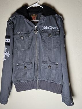 Rebel Spirit Removable Hood Jacket Gray Men’s Military Rocker Y2K Grunge